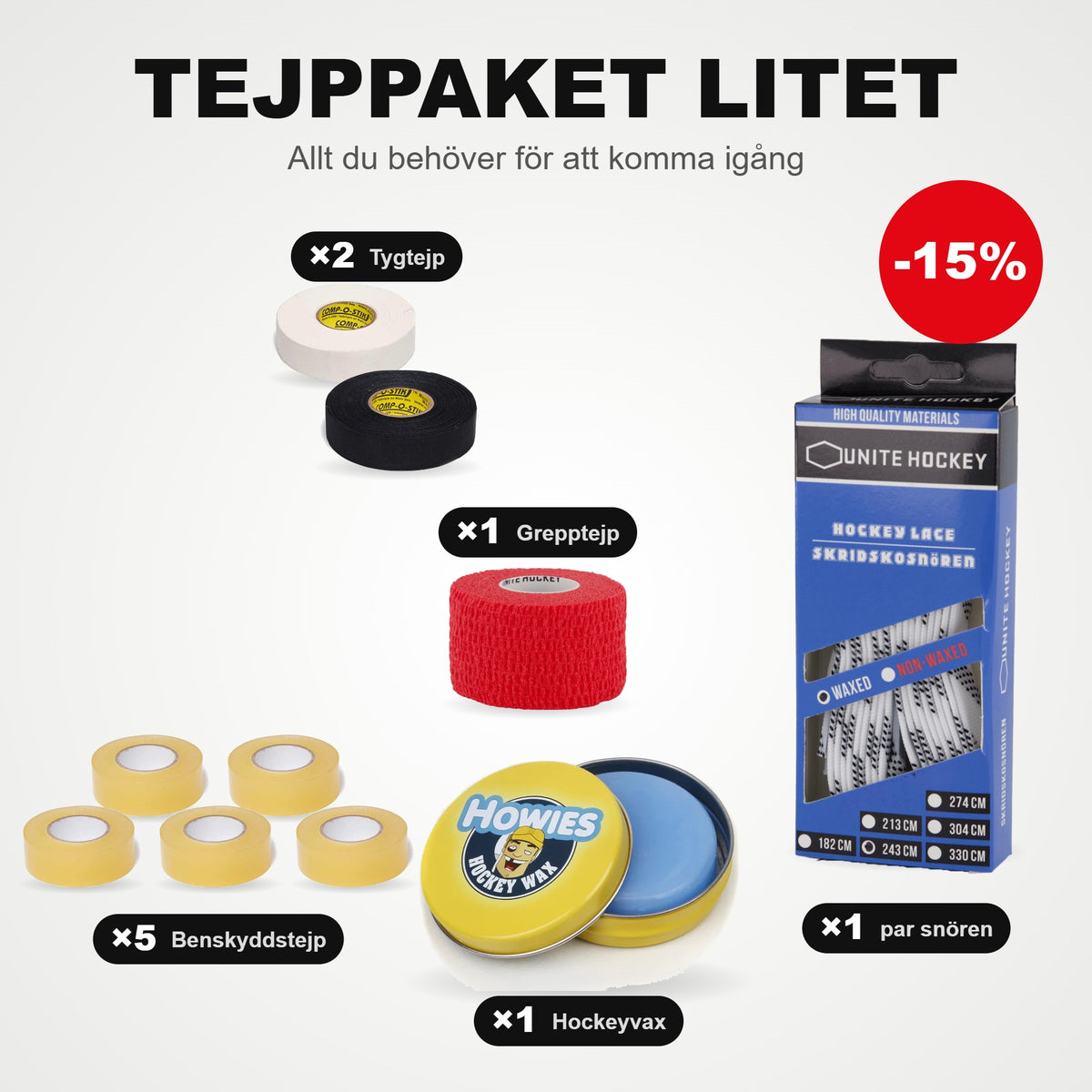 Līmlentes komplekts mazais: 5 aizsargu lente, 2 auduma lentes, 1 satvēriena lente, 1 pāris slidu auklu un hokeja vasks