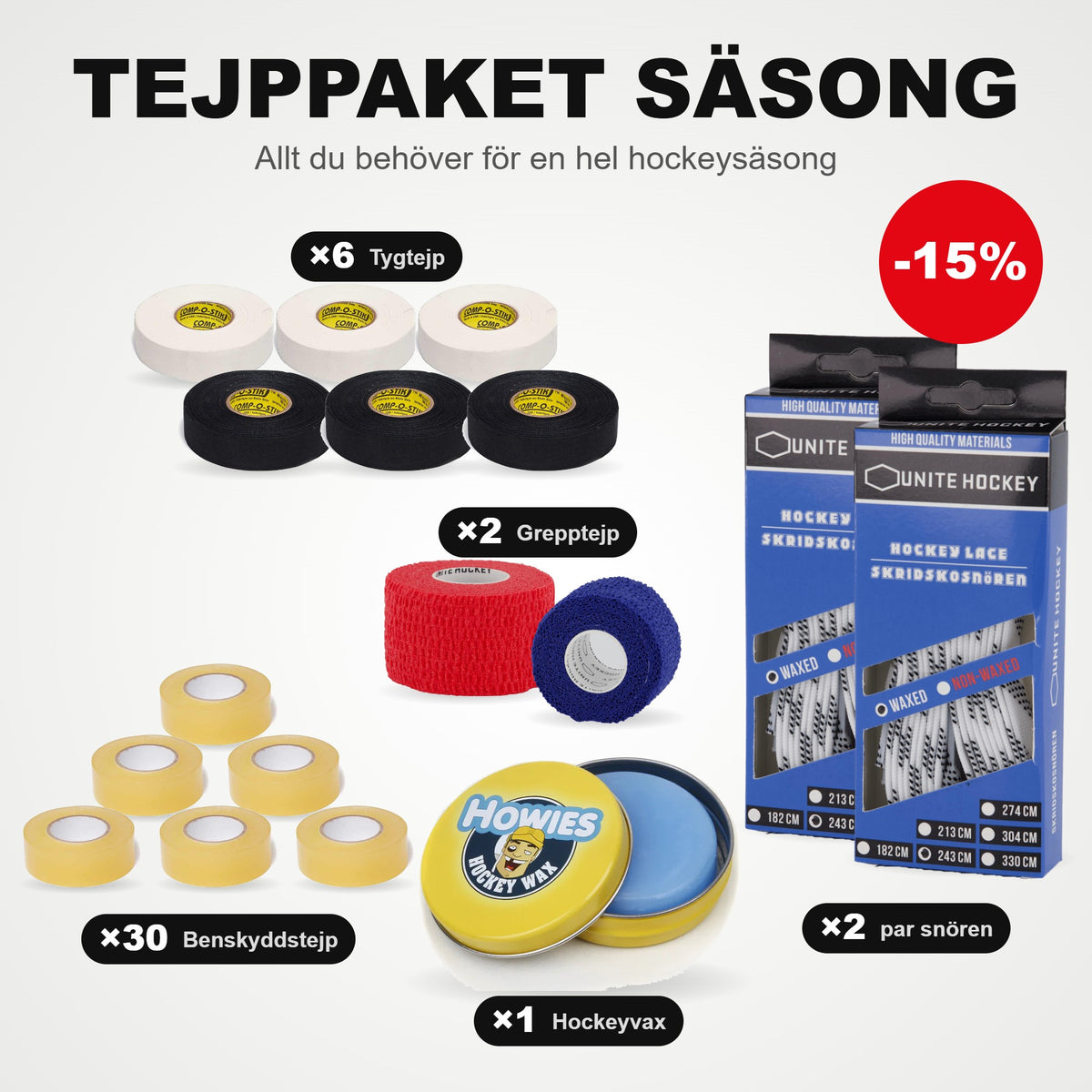 Līmlentes komplekts sezonai: 30 gab. Aizsargu lente, 6 auduma lentes, 2 satvēriena lentes, 2 pāri slidu auklu un hokeja vasks
