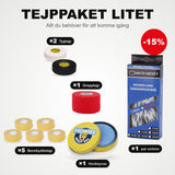 Līmlentes komplekts mazais: 5 aizsargu lente, 2 auduma lentes, 1 satvēriena lente, 1 pāris slidu auklu un hokeja vasks