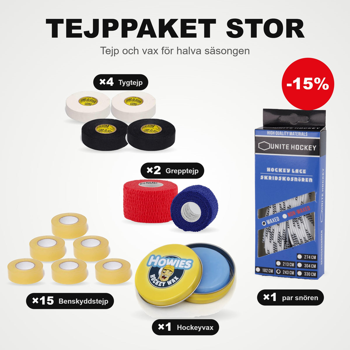 Līmlentes komplekts Liels: 15 aizsargu lente, 4 auduma lentes, 2 satvēriena lentes, 1 pāris slidu auklu un hokeja vasks